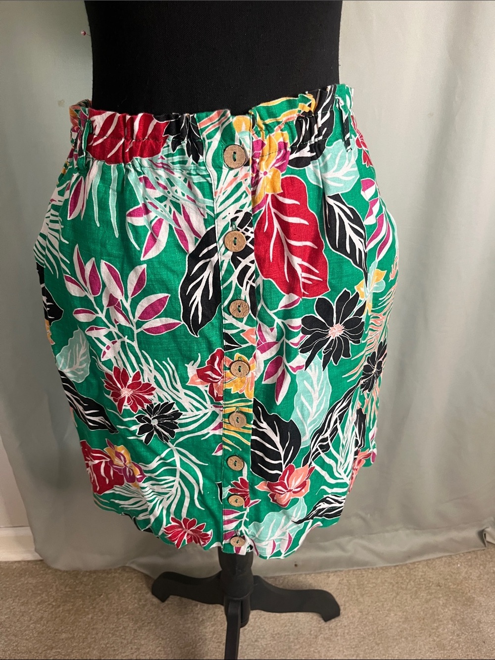 Cynthia Rowley Linen Green Tropical Button-Front Skirt Medium